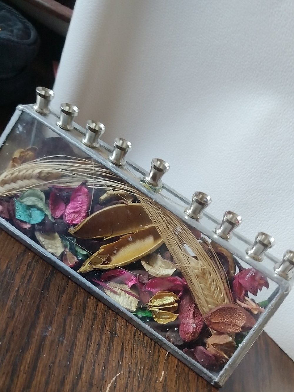 Vintage Artisan Decorative Glass Menorah with Dried Floral Potpourri